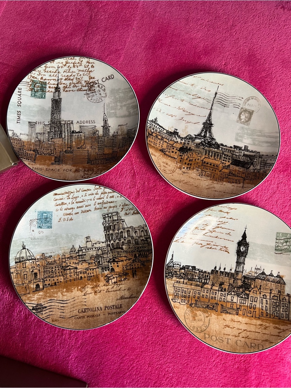 (4) Pier One 6” Appetizer Plates- Paris, London, Italy, New York
